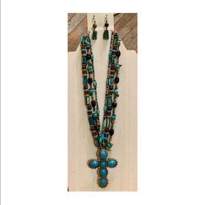 Turquoise Stone Cross Pendant with Mixed Beads Set